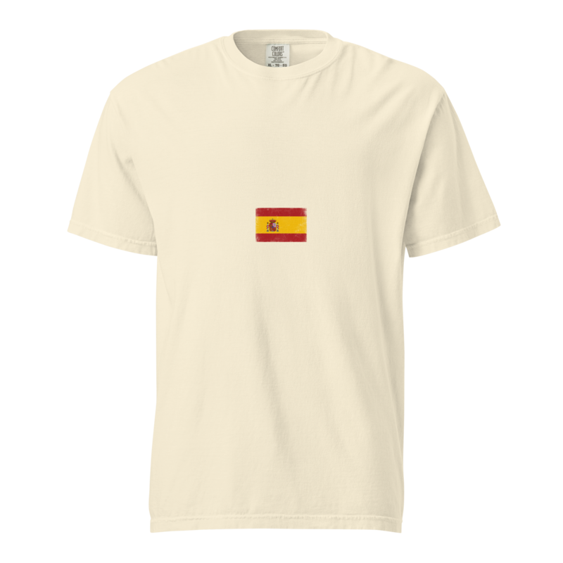 Spain flag t-shirt in Ivory, vintage-washed print, small flag on the chest, unisex cut, front view