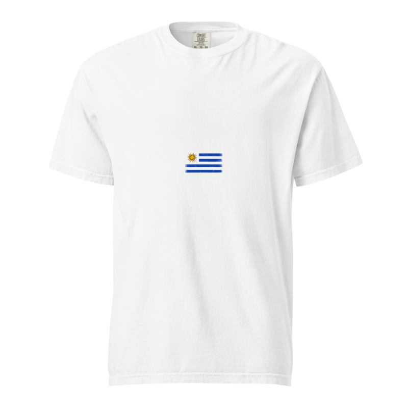 Uruguay flag t-shirt in White, vintage-washed print, small flag on the chest, unisex cut, front view