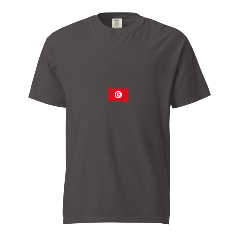 Tunisia flag t-shirt in Graphite, vintage-washed print, small flag on the chest, unisex cut, front view
