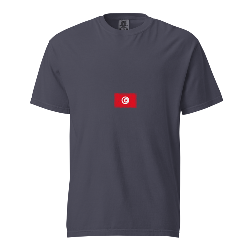 Tunisia flag t-shirt in Navy, vintage-washed print, small flag on the chest, unisex cut, front view