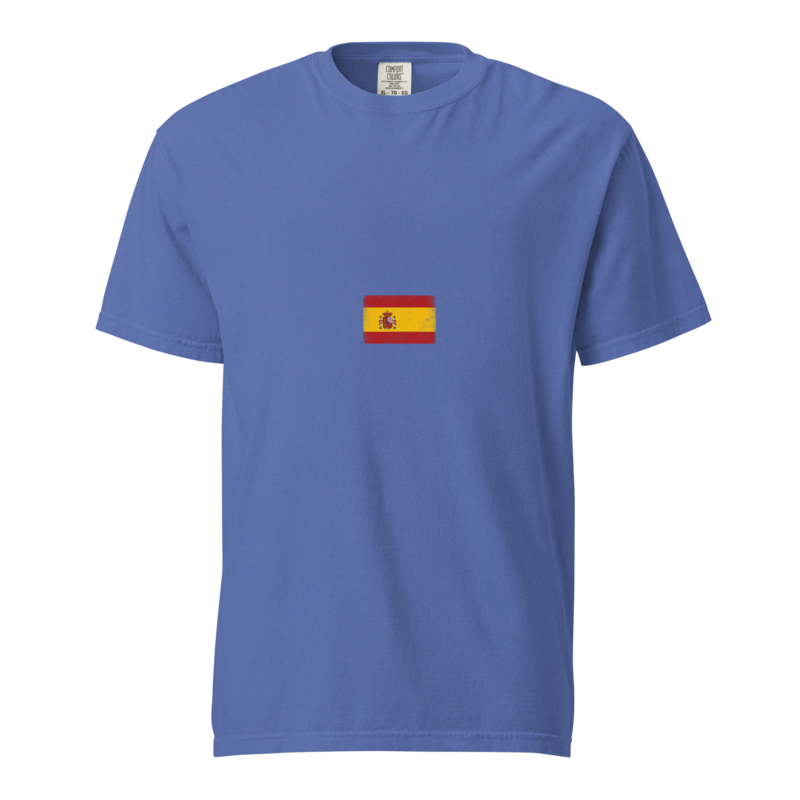 Spain flag t-shirt in Mystic Blue, vintage-washed print, small flag on the chest, unisex cut, front view
