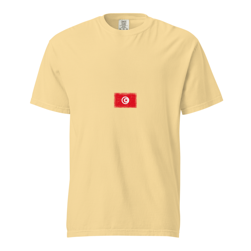 Tunisia flag t-shirt in Butter, vintage-washed print, small flag on the chest, unisex cut, front view