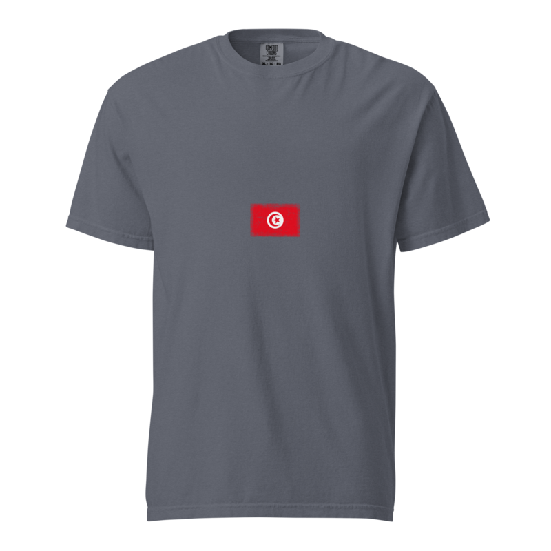 Tunisia flag t-shirt in Denim, vintage-washed print, small flag on the chest, unisex cut, front view