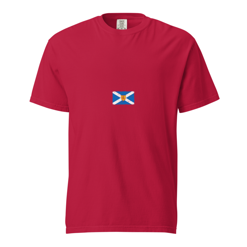 Scotland flag t-shirt in Red, vintage-washed print, small flag on the chest, unisex cut, front view