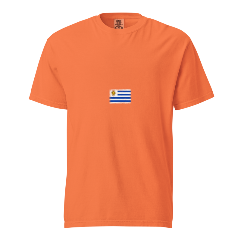 Uruguay flag t-shirt in Burnt Orange, vintage-washed print, small flag on the chest, unisex cut, front view