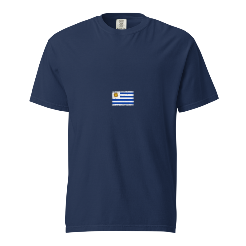 Uruguay flag t-shirt in True Navy, vintage-washed print, small flag on the chest, unisex cut, front view