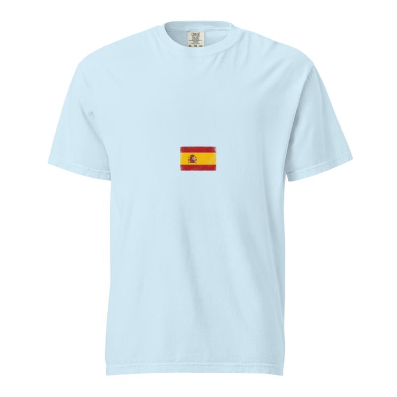 Spain flag t-shirt in Chambray, vintage-washed print, small flag on the chest, unisex cut, front view