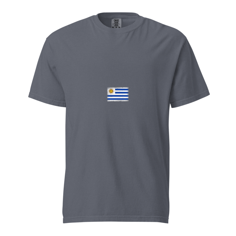 Uruguay flag t-shirt in Denim, vintage-washed print, small flag on the chest, unisex cut, front view