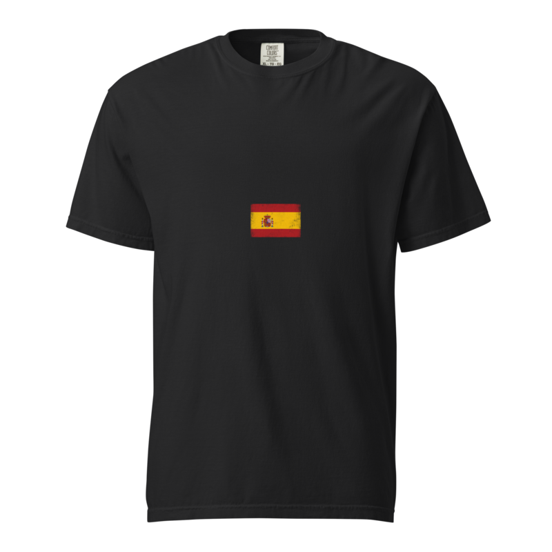Spain flag t-shirt in Black, vintage-washed print, small flag on the chest, unisex cut, front view