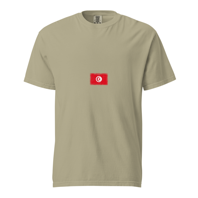 Tunisia flag t-shirt in Khaki, vintage-washed print, small flag on the chest, unisex cut, front view