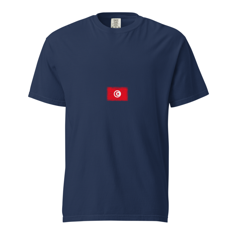 Tunisia flag t-shirt in True Navy, vintage-washed print, small flag on the chest, unisex cut, front view