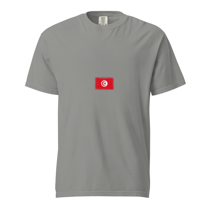 Tunisia flag t-shirt in Grey, vintage-washed print, small flag on the chest, unisex cut, front view