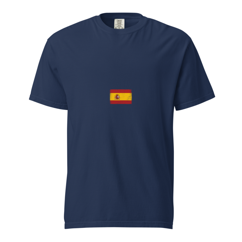 Spain flag t-shirt in True Navy, vintage-washed print, small flag on the chest, unisex cut, front view