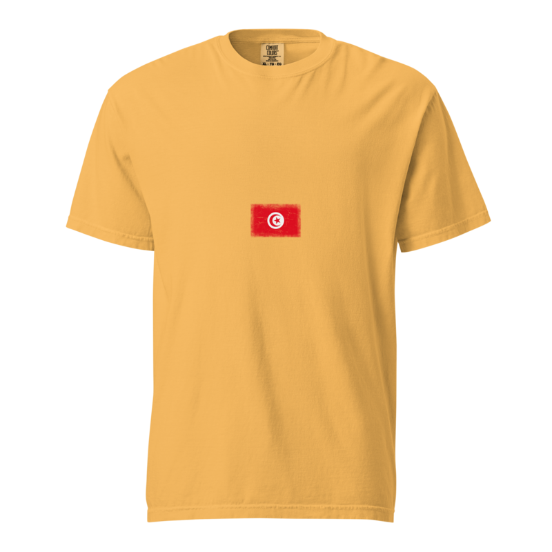 Tunisia flag t-shirt in Mustard, vintage-washed print, small flag on the chest, unisex cut, front view