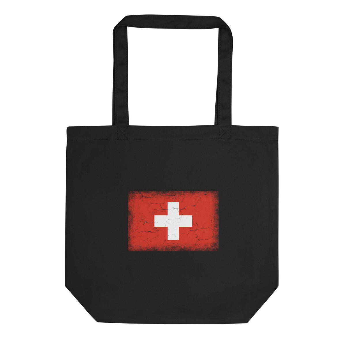 Switzerland flag tote bag in Black, vintage-washed print, flag centred on the front of the bag, front view