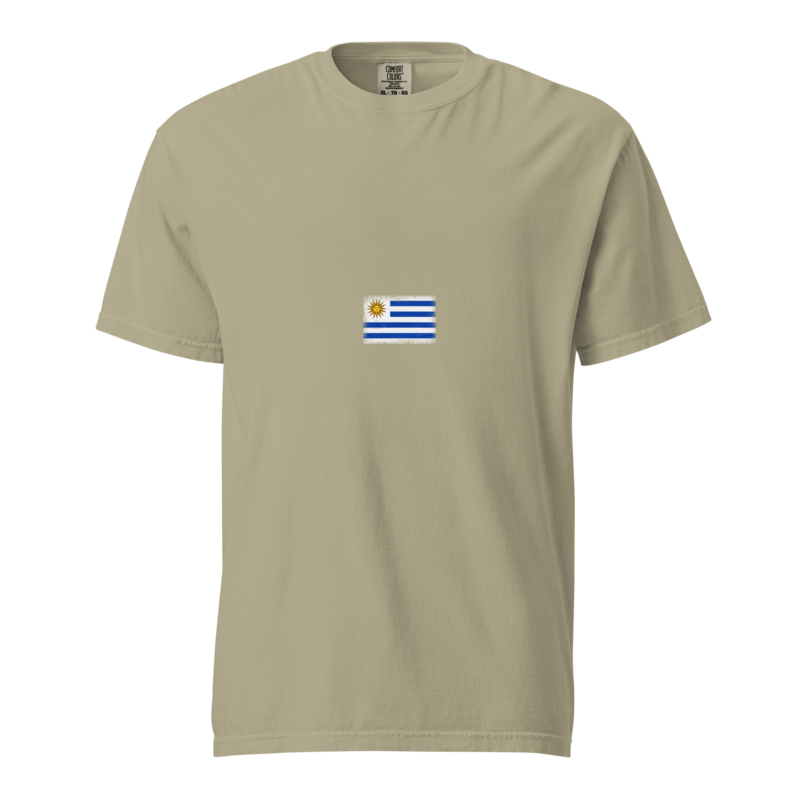 Uruguay flag t-shirt in Khaki, vintage-washed print, small flag on the chest, unisex cut, front view
