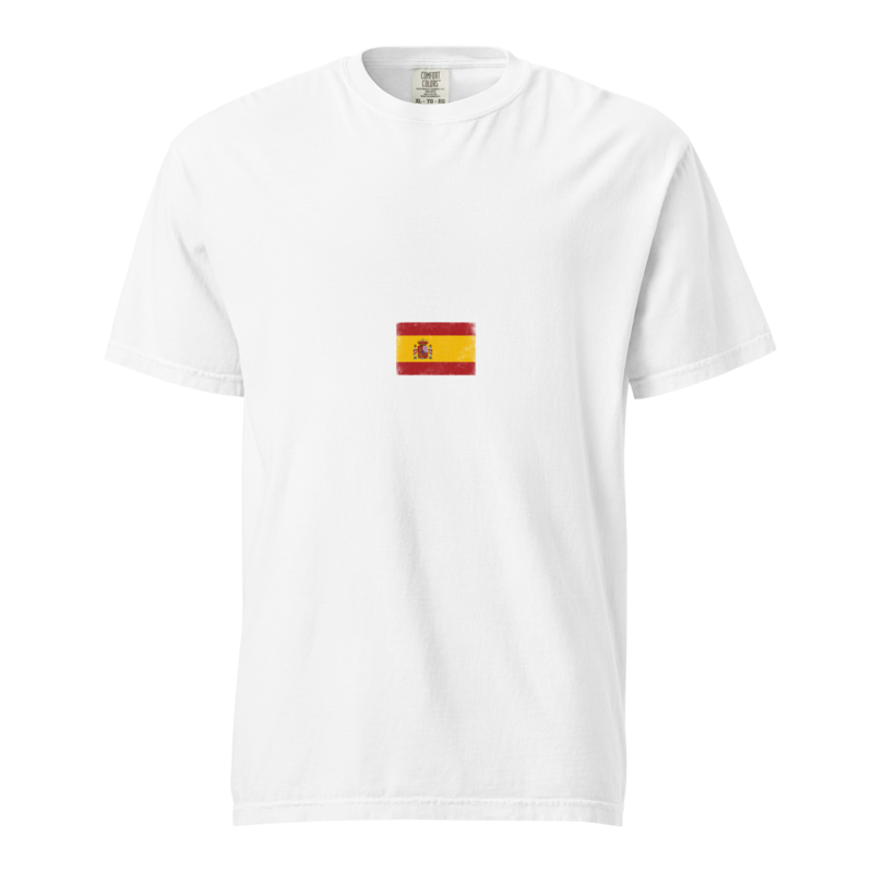 Spain flag t-shirt in White, vintage-washed print, small flag on the chest, unisex cut, front view