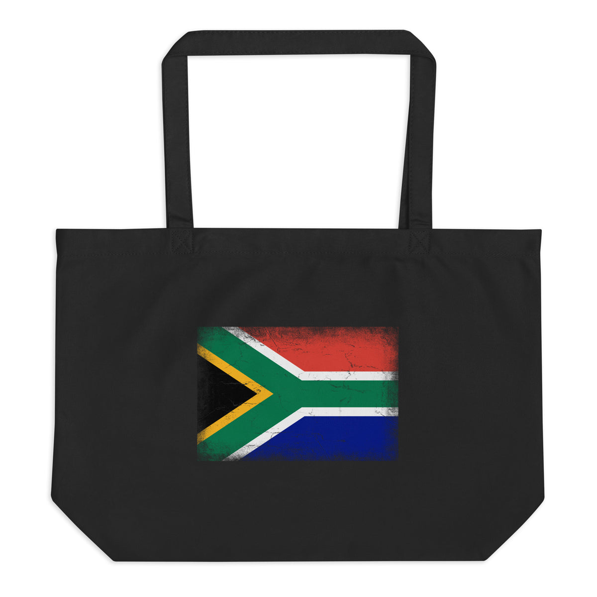 South Africa flag large tote bag in Black, vintage-washed print, flag centred on the front of the bag, front view