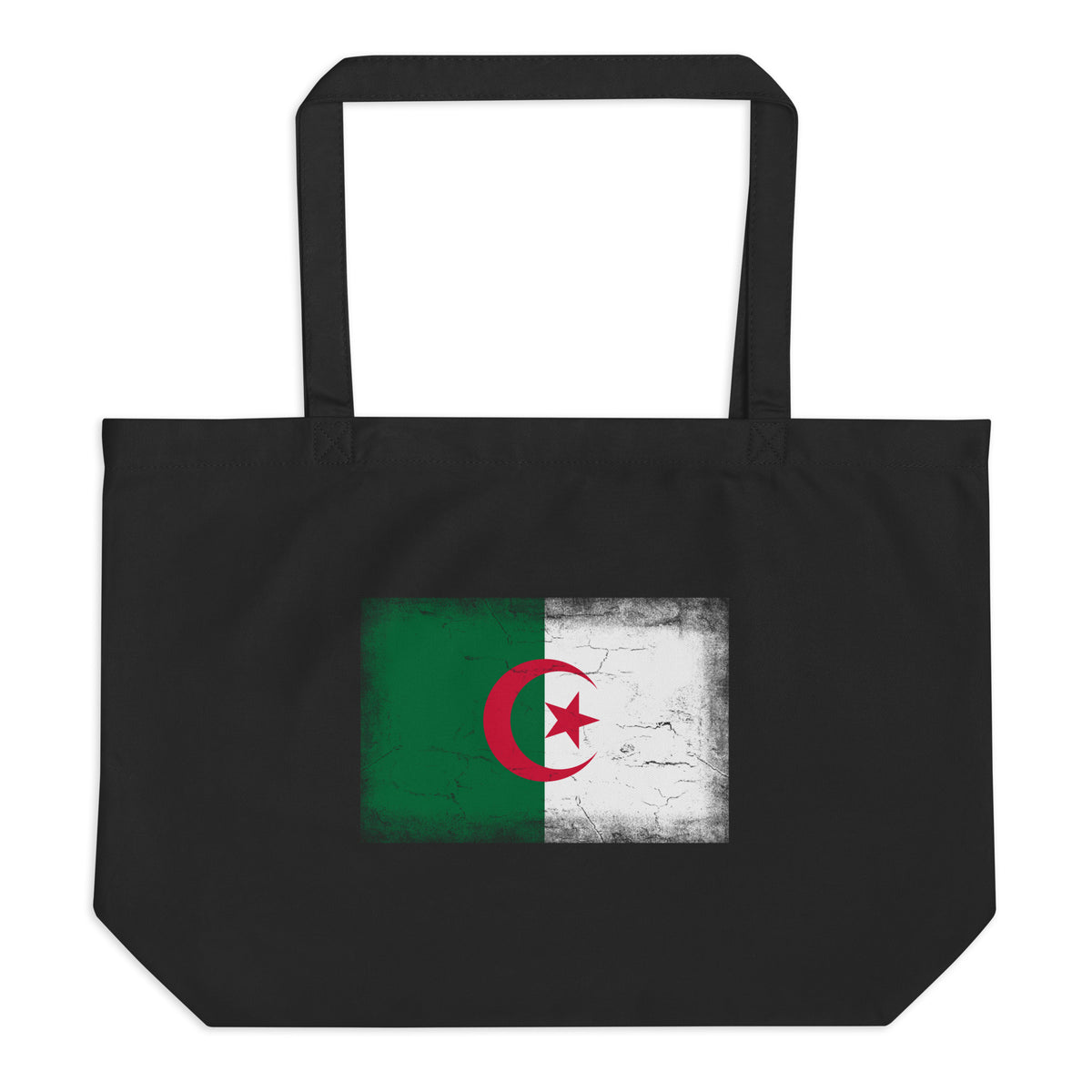Algeria flag large tote bag in Black, vintage-washed print, flag centred on the front of the bag, front view