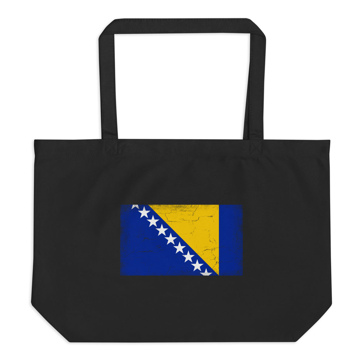 Bosnia and Herzegovina flag large tote bag in Black, vintage-washed print, flag centred on the front of the bag, front view