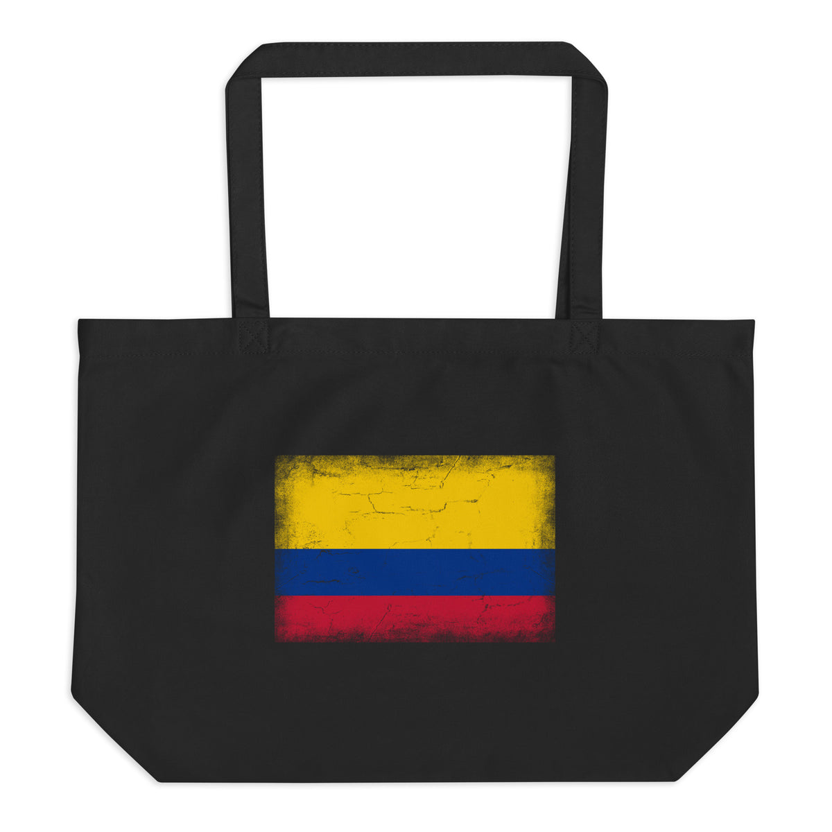 Colombia flag large tote bag in Black, vintage-washed print, flag centred on the front of the bag, front view