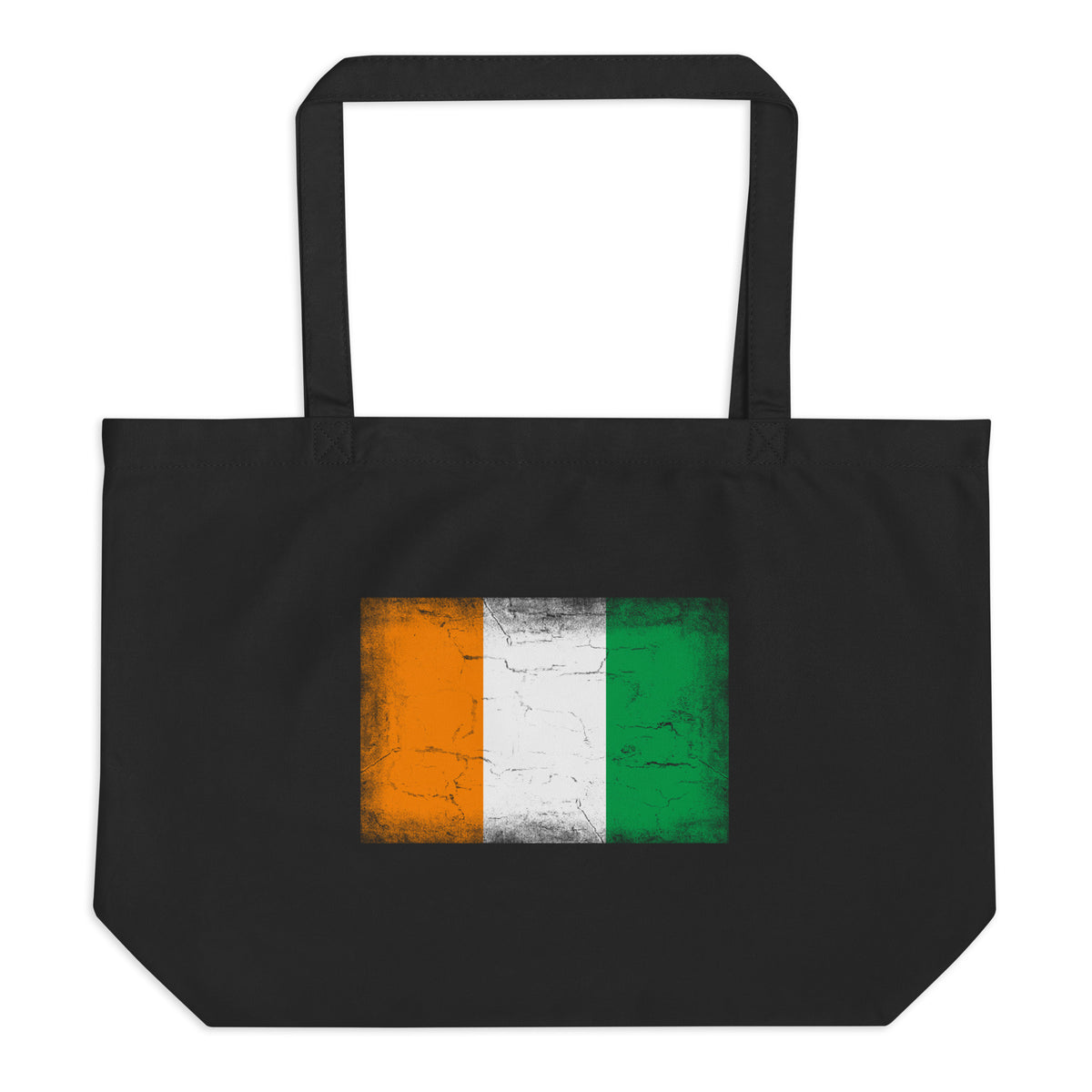 Côte d'Ivoire flag large tote bag in Black, vintage-washed print, flag centred on the front of the bag, front view