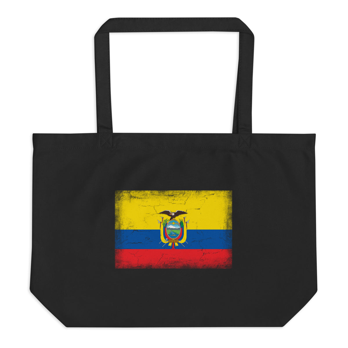 Ecuador flag large tote bag in Black, vintage-washed print, flag centred on the front of the bag, front view