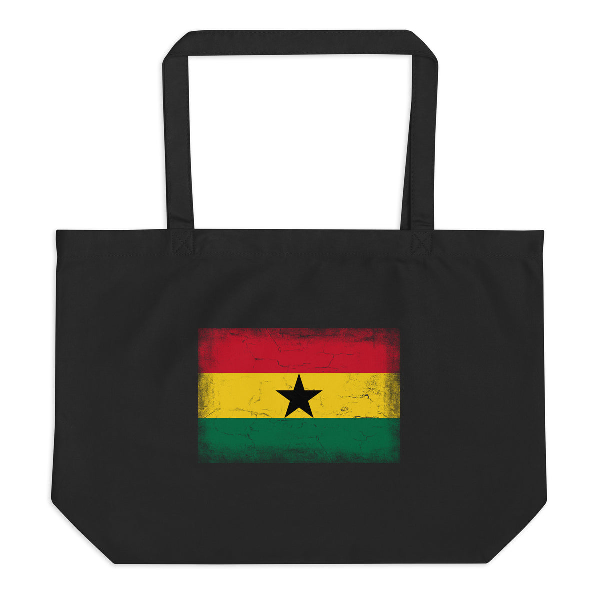 Ghana flag large tote bag in Black, vintage-washed print, flag centred on the front of the bag, front view