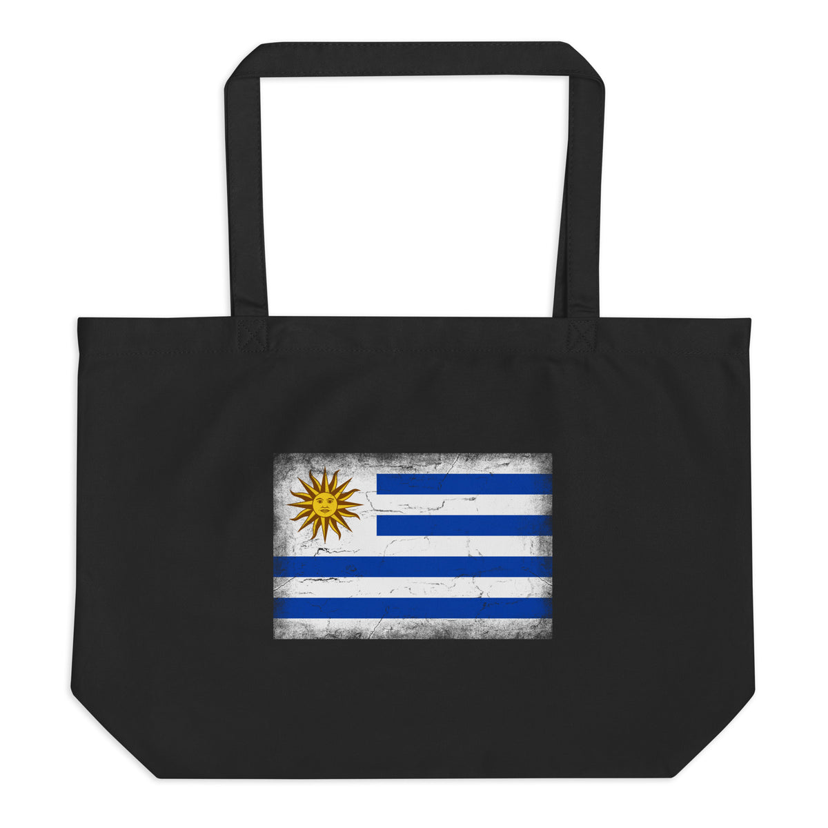 Uruguay flag large tote bag in Black, vintage-washed print, flag centred on the front of the bag, front view