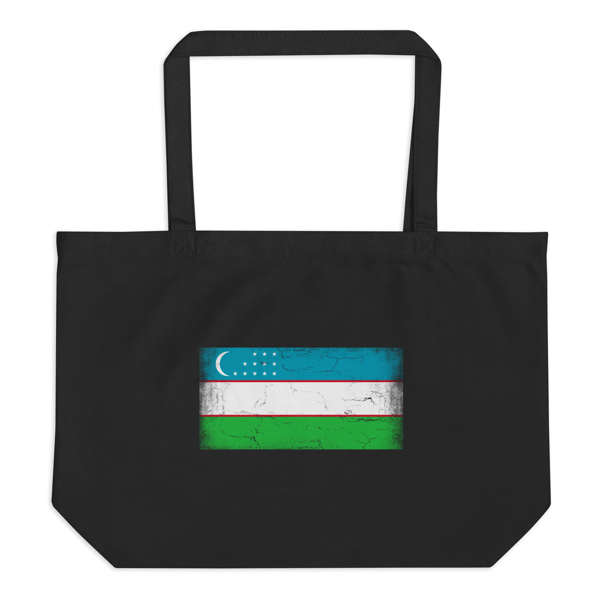 Uzbekistan flag large tote bag in Black, vintage-washed print, flag centred on the front of the bag, front view