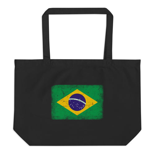 Brasil flag large tote bag in Black, vintage-washed print, flag centred on the front of the bag, front view