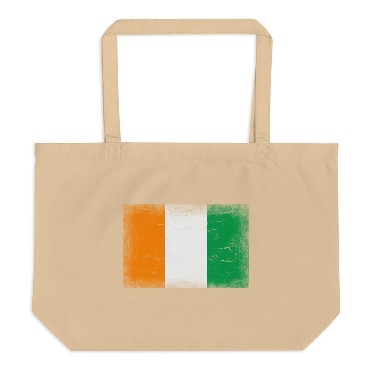 Côte d'Ivoire flag large tote bag in Oyster, vintage-washed print, flag centred on the front of the bag, front view