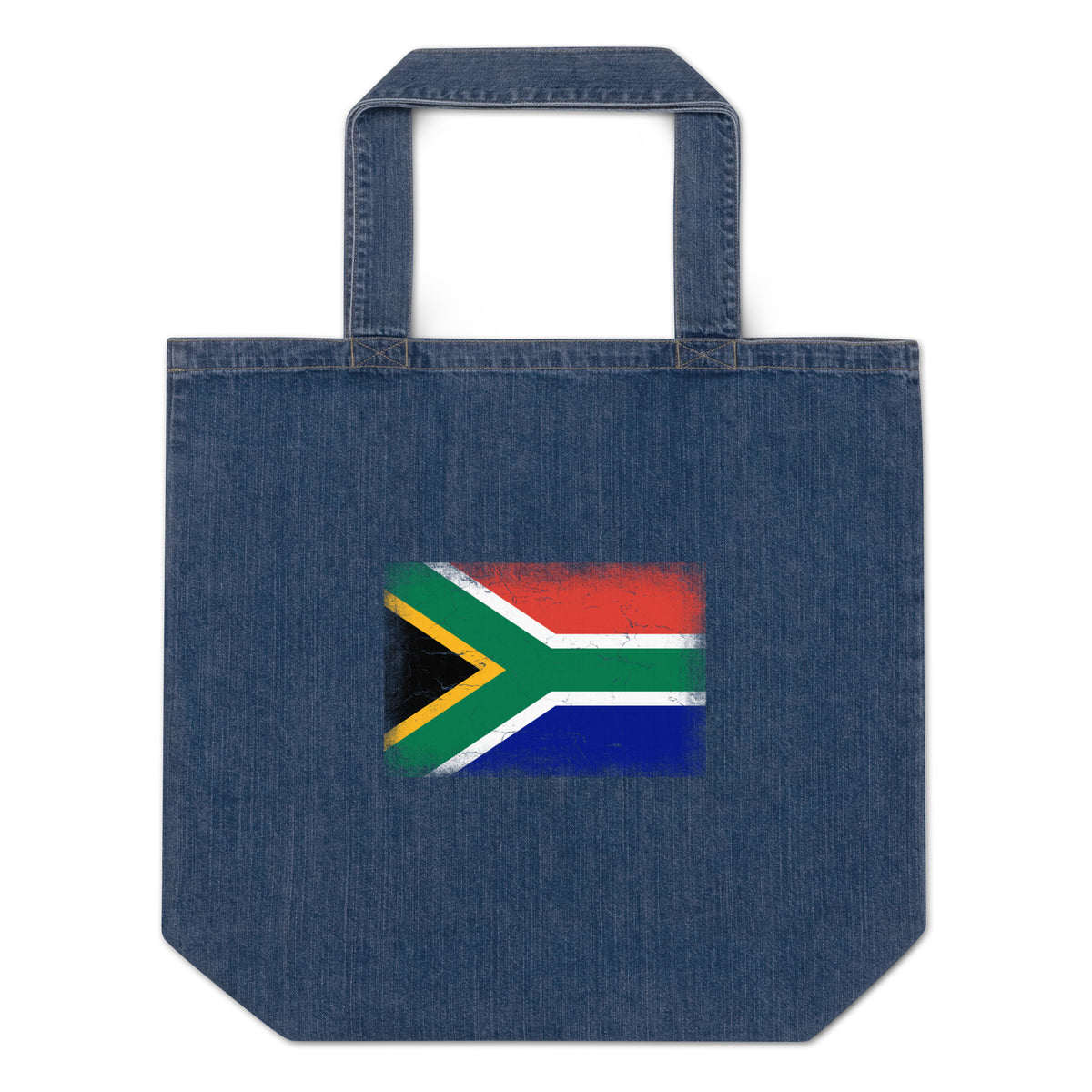 South Africa flag denim tote bag in Default Title, vintage-washed print, flag centred on the front of the bag, front view