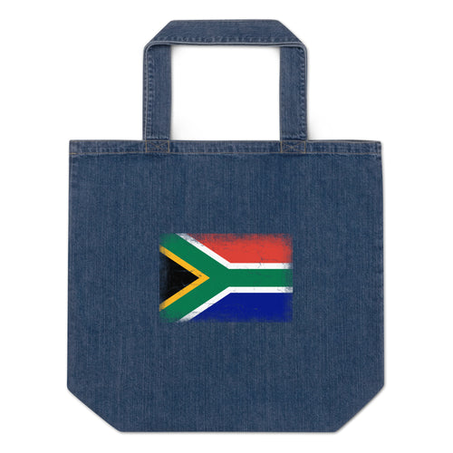 South Africa flag denim tote bag in Default Title, vintage-washed print, flag centred on the front of the bag, front view