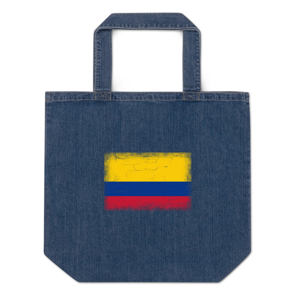 Colombia flag denim tote bag in Default Title, vintage-washed print, flag centred on the front of the bag, front view