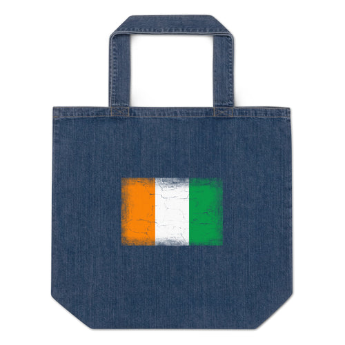Côte d'Ivoire flag denim tote bag in Default Title, vintage-washed print, flag centred on the front of the bag, front view