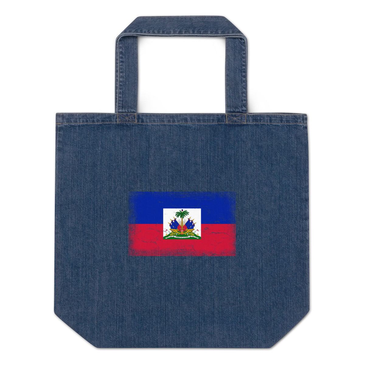Haiti flag denim tote bag in Default Title, vintage-washed print, flag centred on the front of the bag, front view