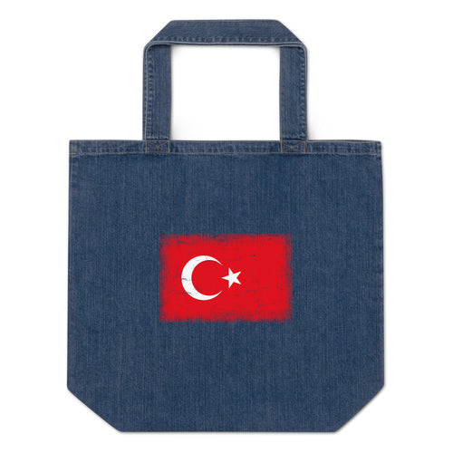 Turkey flag denim tote bag in Default Title, vintage-washed print, flag centred on the front of the bag, front view
