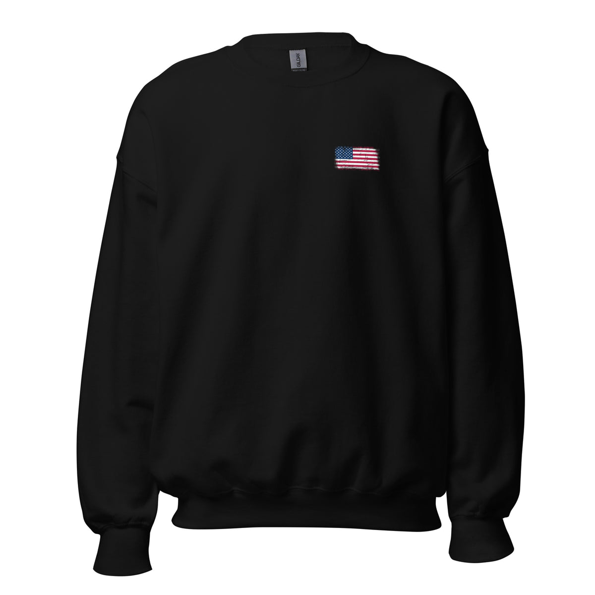 USA flag crew sweatshirt in Black, vintage-washed print, small flag on the left chest, unisex cut, front view