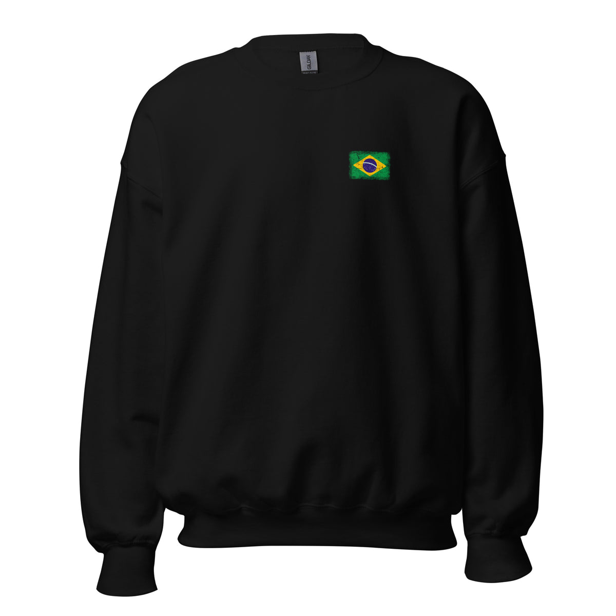 Brasil flag crew sweatshirt in Black, vintage-washed print, small flag on the left chest, unisex cut, front view