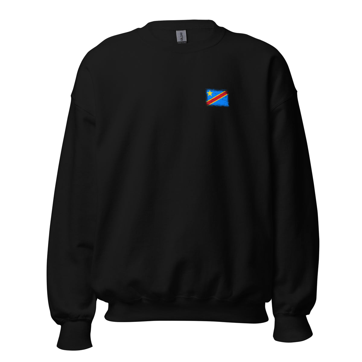 Congo flag crew sweatshirt in Black, vintage-washed print, small flag on the left chest, unisex cut, front view