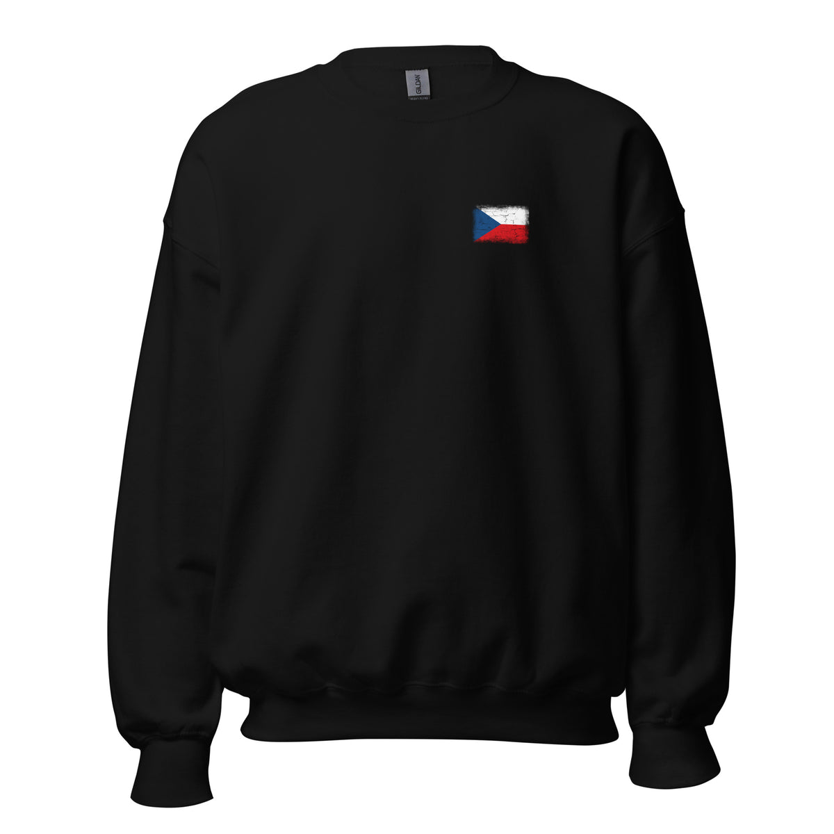 Czechia flag crew sweatshirt in Black, vintage-washed print, small flag on the left chest, unisex cut, front view