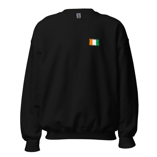 Côte d'Ivoire flag crew sweatshirt in Black, vintage-washed print, small flag on the left chest, unisex cut, front view