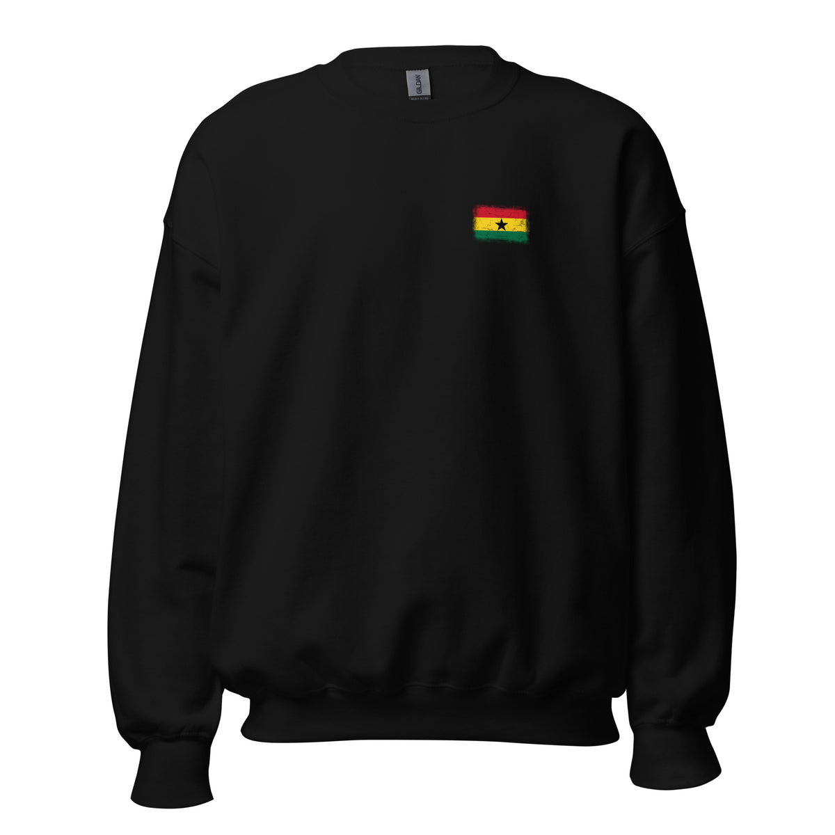 Ghana flag crew sweatshirt in Black, vintage-washed print, small flag on the left chest, unisex cut, front view