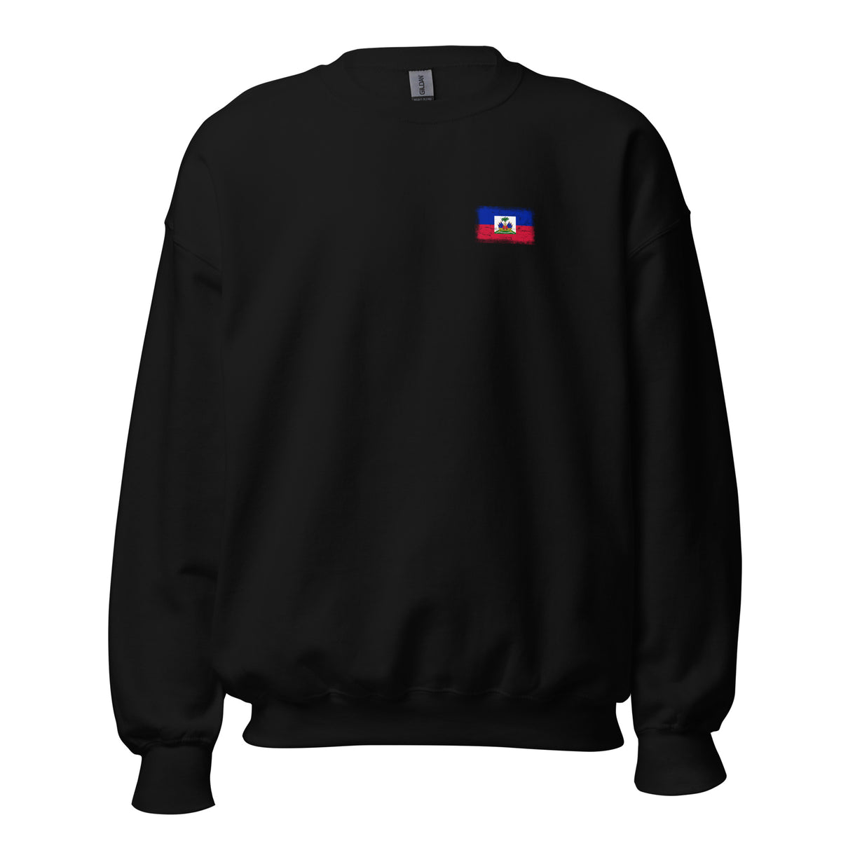 Haiti flag crew sweatshirt in Black, vintage-washed print, small flag on the left chest, unisex cut, front view