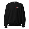 Jordan flag crew sweatshirt in Black, vintage-washed print, small flag on the left chest, unisex cut, front view
