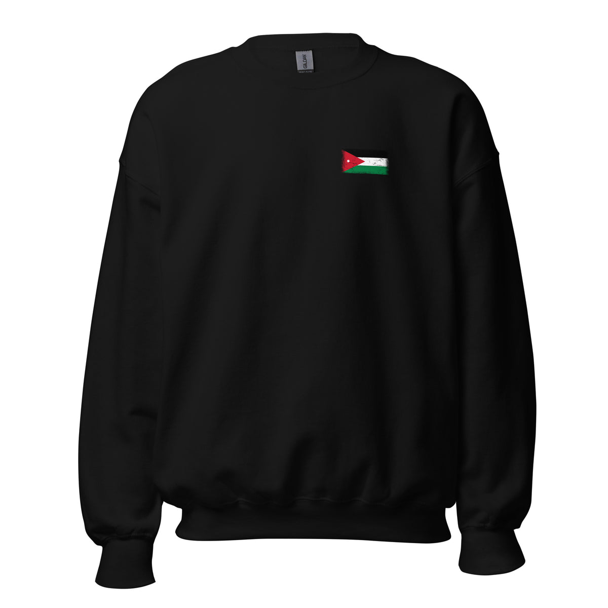 Jordan flag crew sweatshirt in Black, vintage-washed print, small flag on the left chest, unisex cut, front view