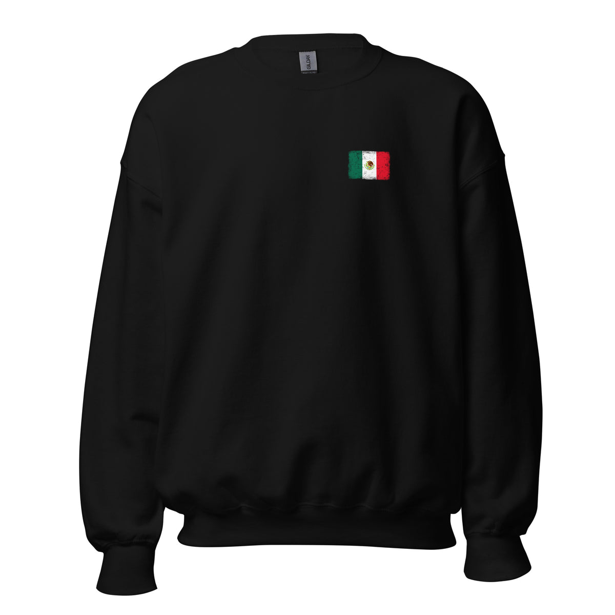 Mexico flag crew sweatshirt in Black, vintage-washed print, small flag on the left chest, unisex cut, front view
