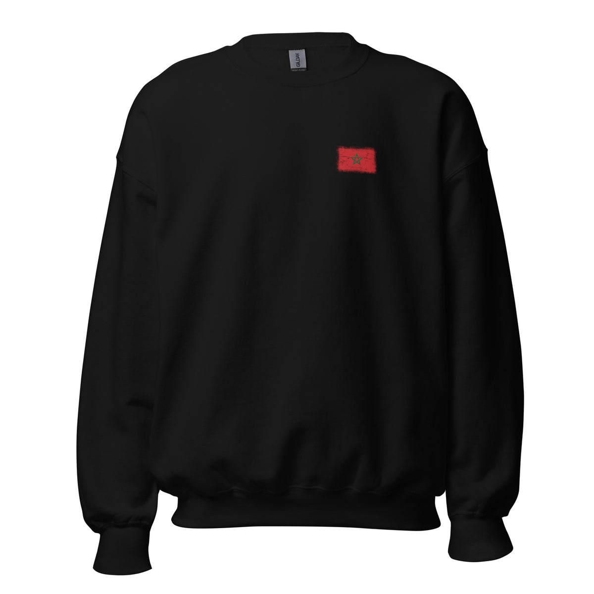 Morocco flag crew sweatshirt in Black, vintage-washed print, small flag on the left chest, unisex cut, front view