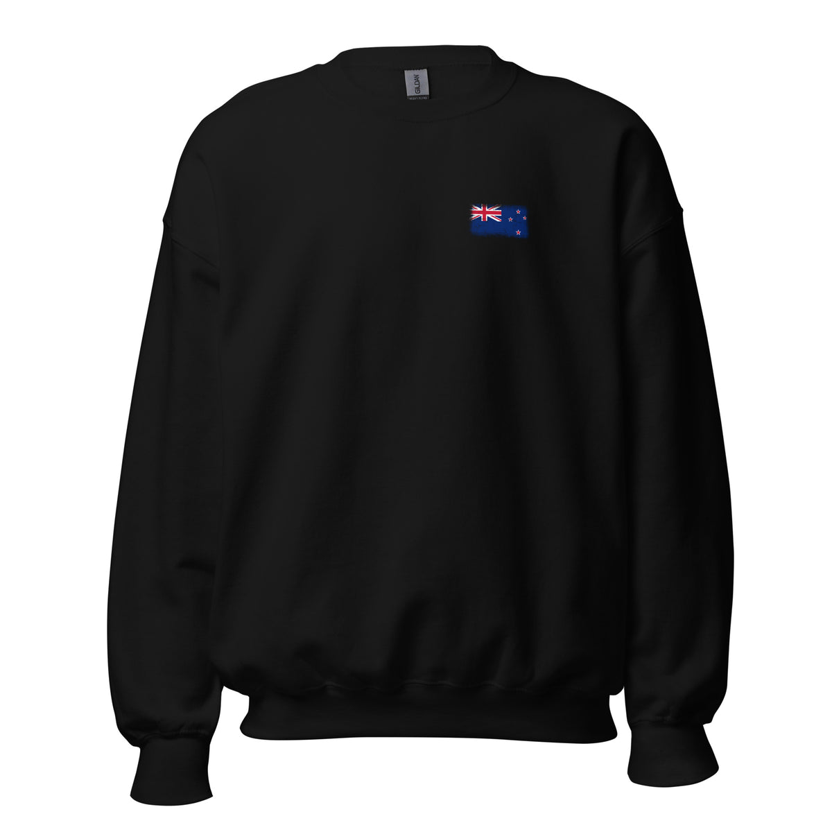 New Zealand flag crew sweatshirt in Black, vintage-washed print, small flag on the left chest, unisex cut, front view